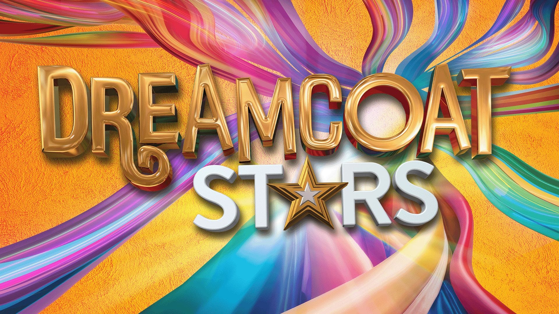 The title Dreamcoat Stars with a gold star as the A and colourful ribbons, like Joseph's coat of many colours, flying around in the background.